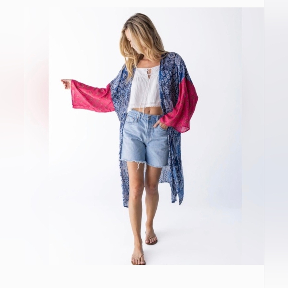 Natural Life Sierra Kimono Navy Red Medallion Boho Kimono Coverup - Picture 2 of 3